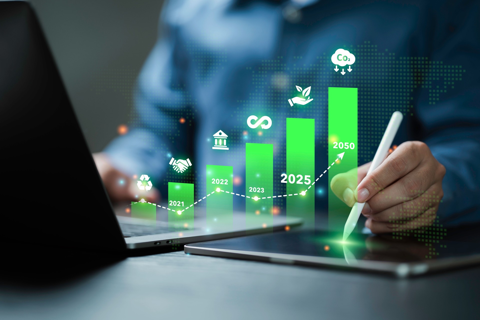 Carbon emission reduction target, low carbon economy concept. Green business responsibility sustainable environment development for net zero. Co2, Carbon footprint Emission report graph.