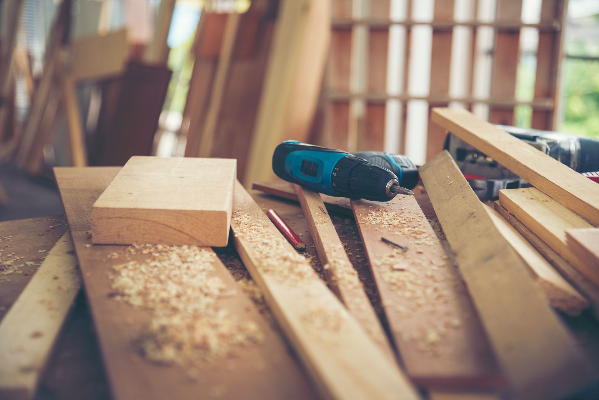 DIY craftsperson wood heap carpenter objects woodwork handyman desk. Architect tools with ruler measure hammer home improvement equipments. Wooden builder carpenter repairing construction workshop